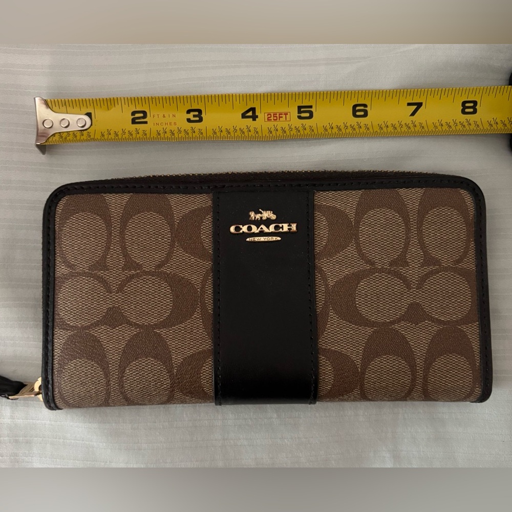 Coach Signature Brown and Black Zip Around Wallet Clutch